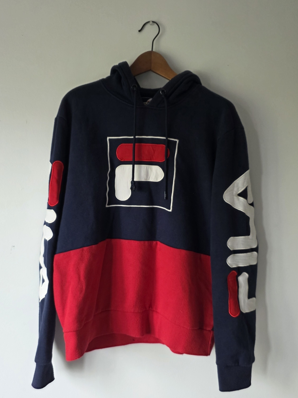Vintage Fila Men's Navy and Red Colorblock Hoodie with Bold Logo